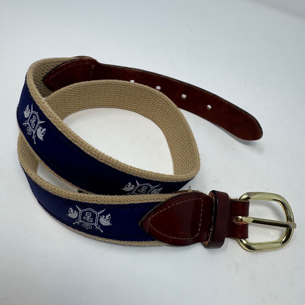 Cape Cod Belt Co Canvas Leather Belt Kids 30 Tan Navy Crest Preppy Good Cond - Picture 9 of 9